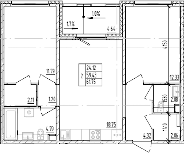 2-комнатная квартира 61.75 м², 8/12 эт., ЖК «ЛесART»