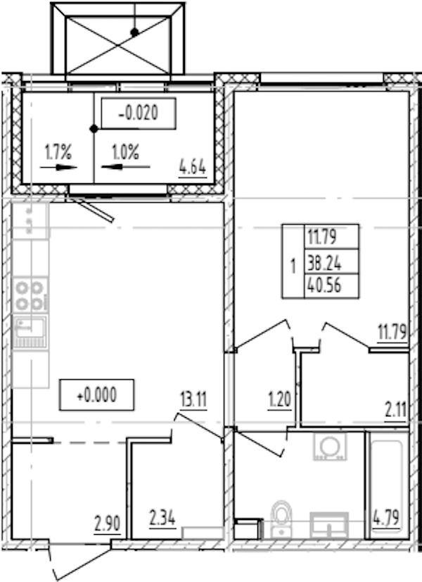 1-комнатная квартира 40.56 м², 1/12 эт., ЖК «ЛесART»