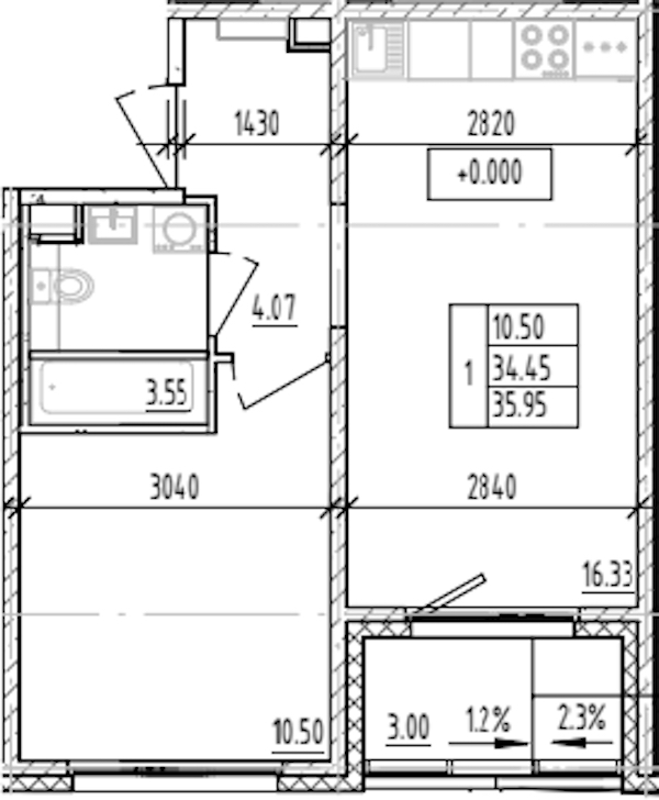 1-комнатная квартира 35.95 м², 1/12 эт., ЖК «ЛесART»