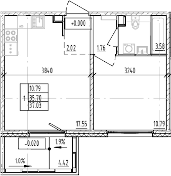 1-комнатная квартира 37.03 м², 1/12 эт., ЖК «ЛесART»