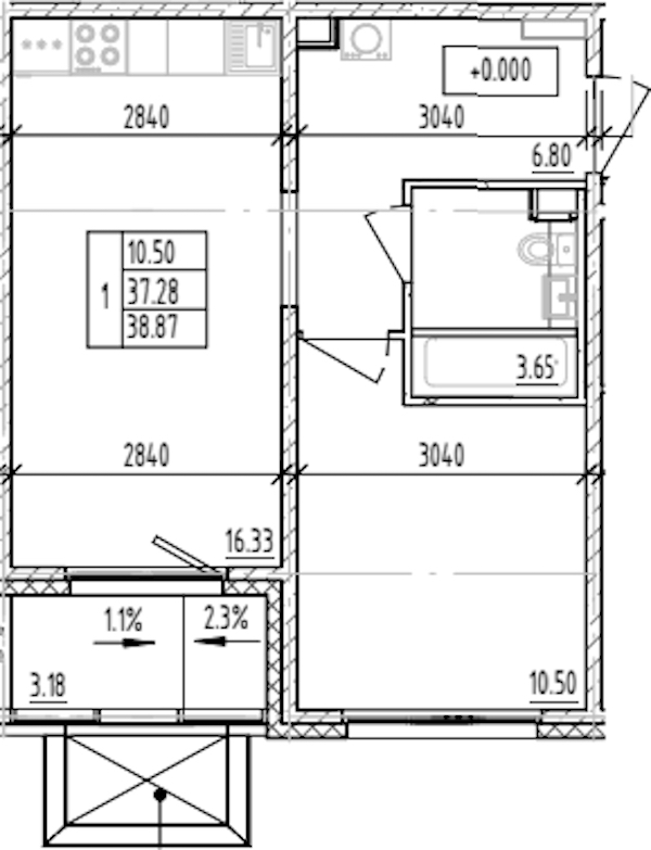 1-комнатная квартира 38.87 м², 1/12 эт., ЖК «ЛесART»