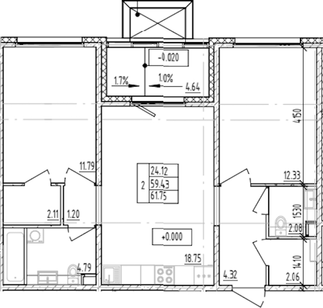 2-комнатная квартира 61.75 м², 1/12 эт., ЖК «ЛесART»