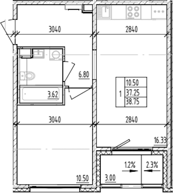 1-комнатная квартира 38.75 м², 2/12 эт., ЖК «ЛесART»