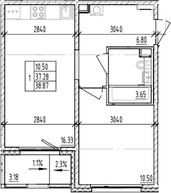 1-комнатная квартира 38.87 м², 3/12 эт., ЖК «ЛесART»