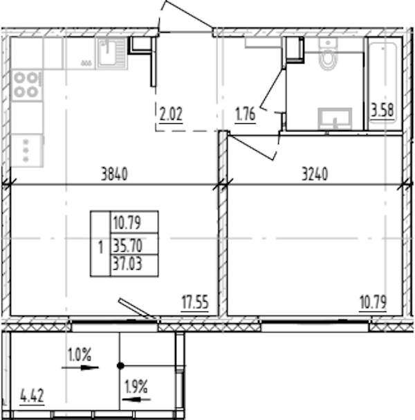 1-комнатная квартира 37.03 м², 6/12 эт., ЖК «ЛесART»