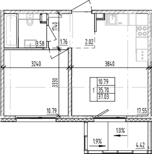 1-комнатная квартира 37.03 м², 6/12 эт., ЖК «ЛесART»