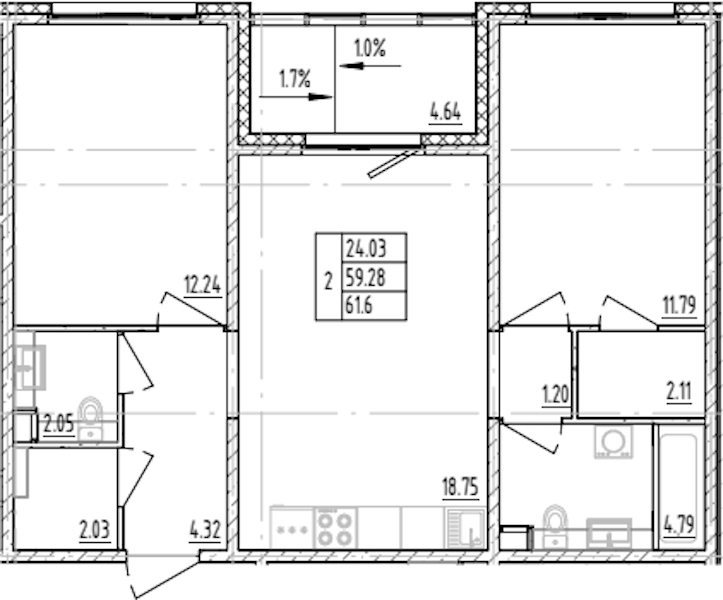2-комнатная квартира 61.6 м², 7/12 эт., ЖК «ЛесART»