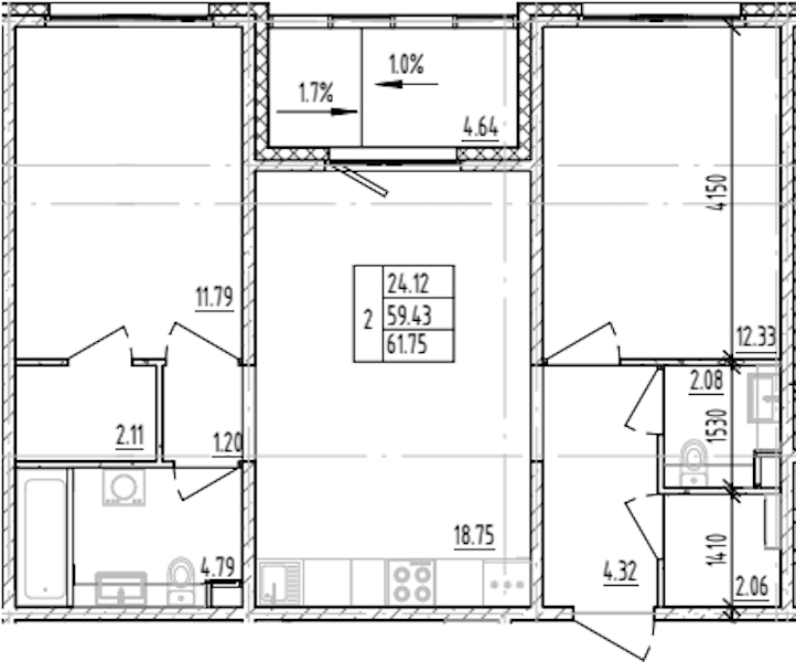 2-комнатная квартира 61.75 м², 8/12 эт., ЖК «ЛесART»