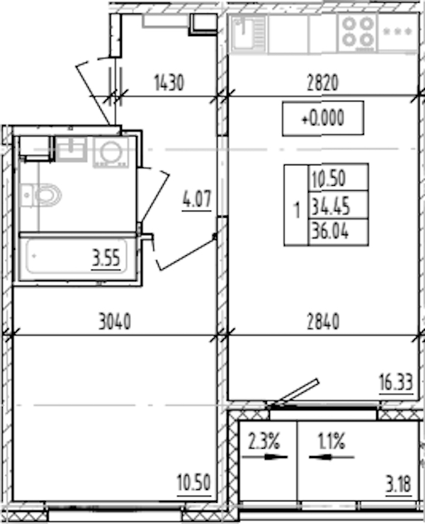 1-комнатная квартира 36.04 м², 1/12 эт., ЖК «ЛесART»