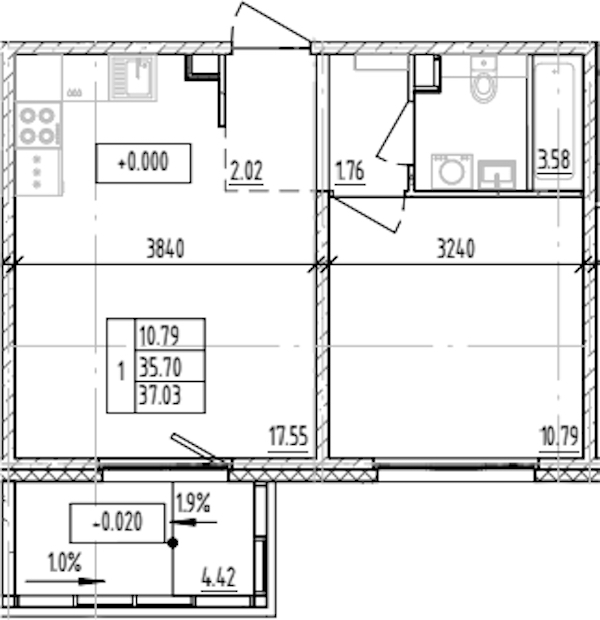 1-комнатная квартира 37.03 м², 1/12 эт., ЖК «ЛесART»