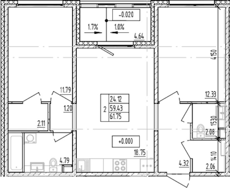 2-комнатная квартира 61.75 м², 1/12 эт., ЖК «ЛесART»