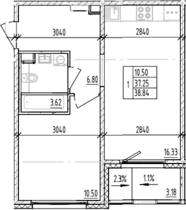 1-комнатная квартира 38.84 м², 2/12 эт., ЖК «ЛесART»