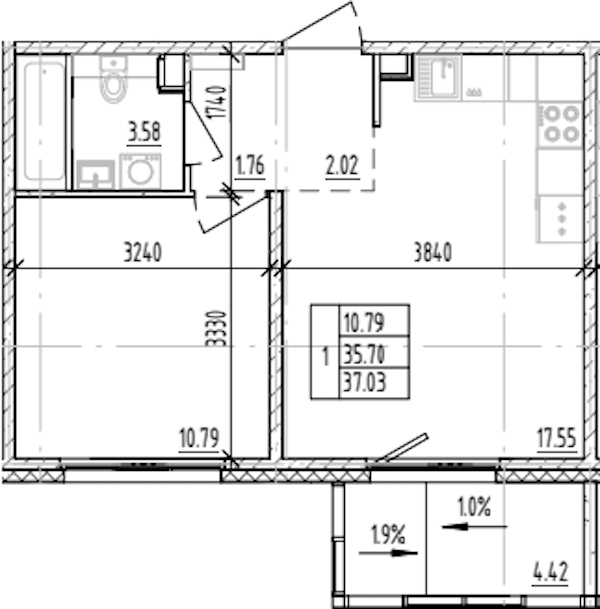 1-комнатная квартира 37.03 м², 2/12 эт., ЖК «ЛесART»