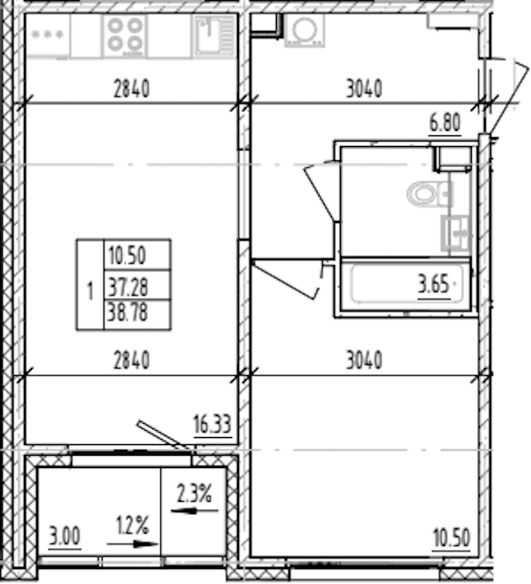 1-комнатная квартира 38.78 м², 3/12 эт., ЖК «ЛесART»