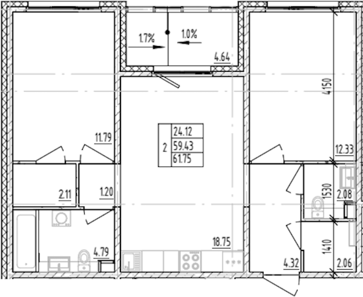 2-комнатная квартира 61.75 м², 4/12 эт., ЖК «ЛесART»
