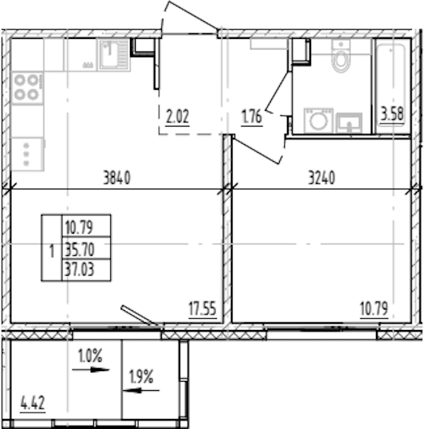 1-комнатная квартира 37.03 м², 7/12 эт., ЖК «ЛесART»