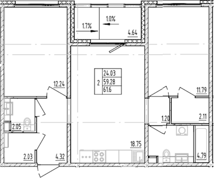 2-комнатная квартира 61.6 м², 10/12 эт., ЖК «ЛесART»