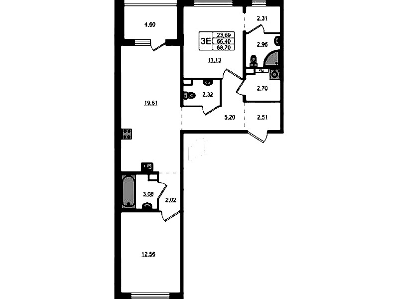 2-комнатная квартира 68.7 м², 2/12 эт., ЖК «ЛесART»