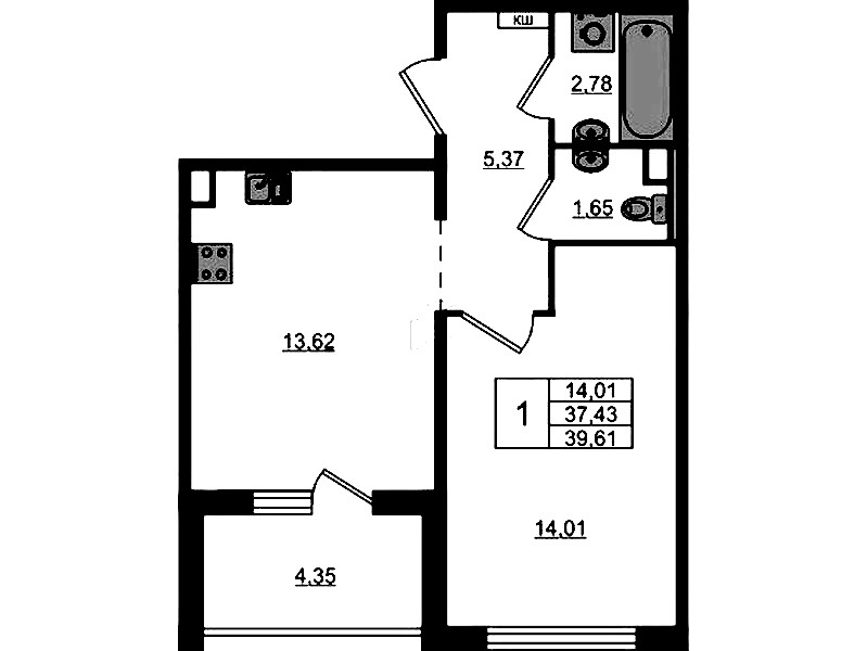 1-комнатная квартира 39.61 м², 10/12 эт., ЖК «ЛесART»