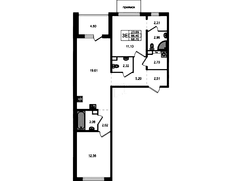2-комнатная квартира 68.7 м², 1/12 эт., ЖК «ЛесART»