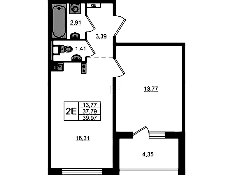 1-комнатная квартира 39.97 м², 11/12 эт., ЖК «ЛесART»