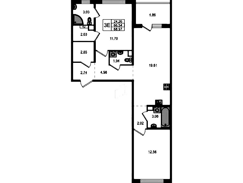 2-комнатная квартира 68.97 м², 2/12 эт., ЖК «ЛесART»
