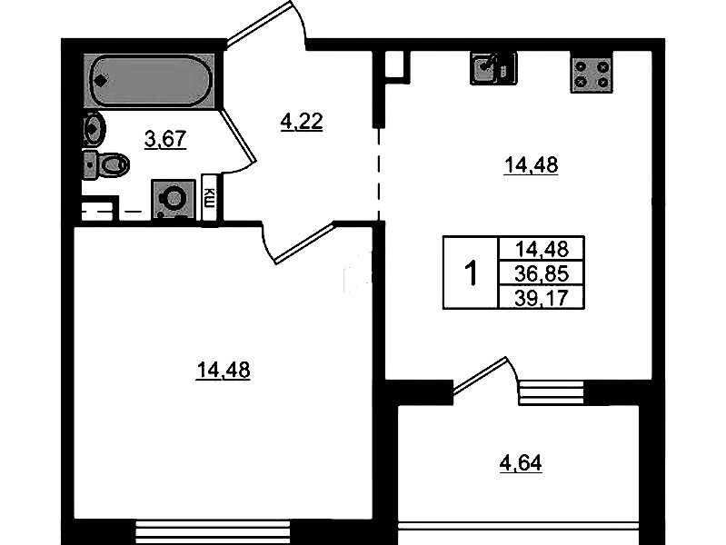 1-комнатная квартира 39.17 м², 1/12 эт., ЖК «ЛесART»