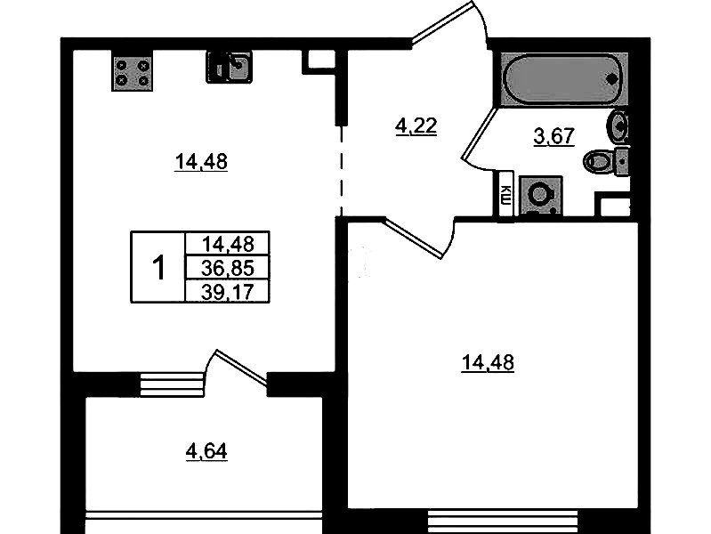 1-комнатная квартира 39.17 м², 1/12 эт., ЖК «ЛесART»