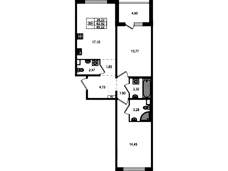 2-комнатная квартира 65.22 м², 2/12 эт., ЖК «ЛесART»