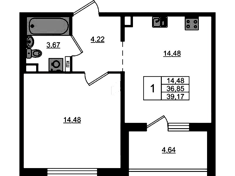 1-комнатная квартира 39.17 м², 5/12 эт., ЖК «ЛесART»