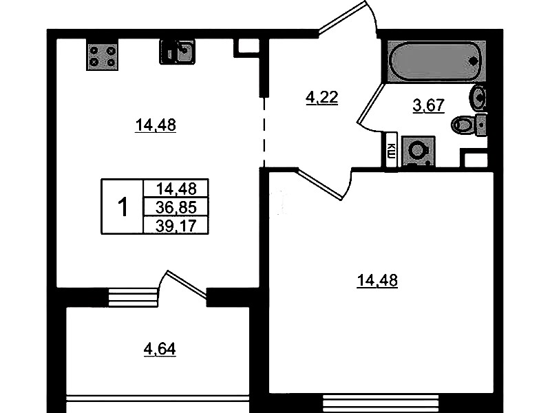 1-комнатная квартира 39.17 м², 5/12 эт., ЖК «ЛесART»
