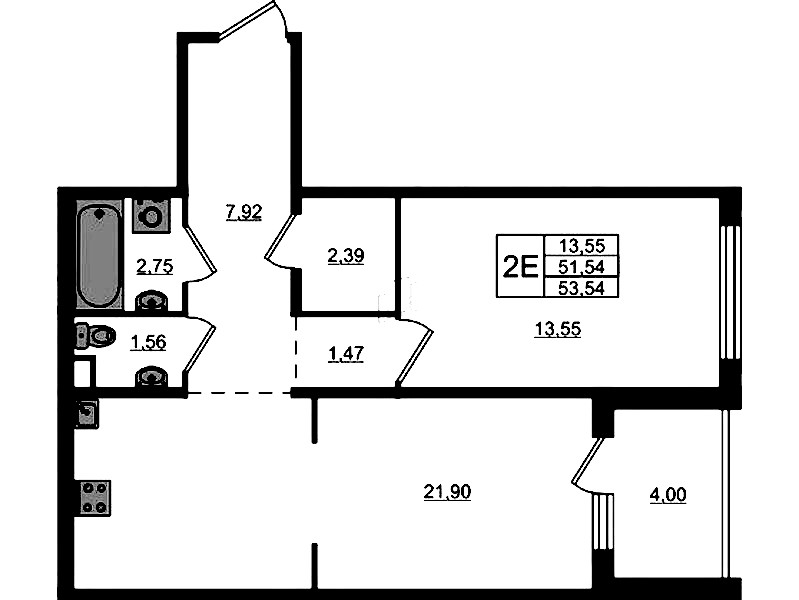 1-комнатная квартира 53.54 м², 2/12 эт., ЖК «ЛесART»