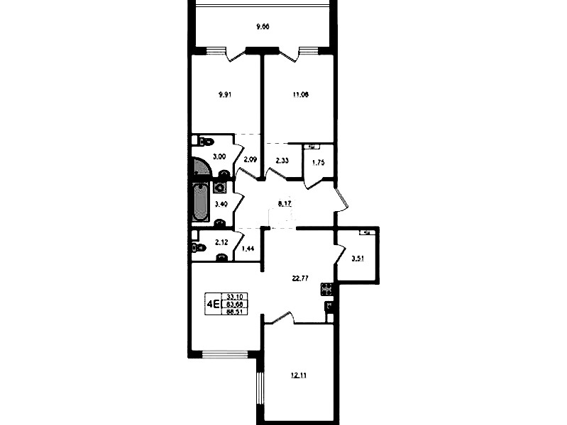 3-комнатная квартира 88.51 м², 9/12 эт., ЖК «ЛесART»