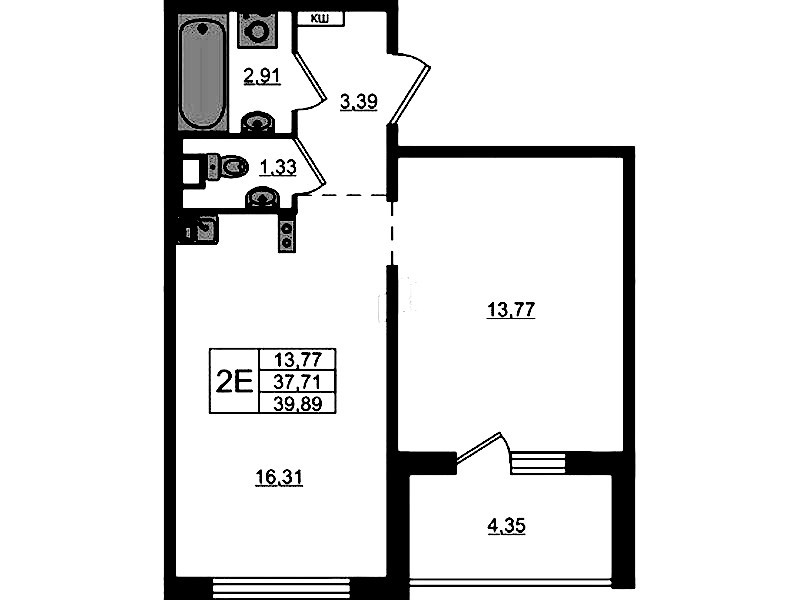 1-комнатная квартира 39.89 м², 4/12 эт., ЖК «ЛесART»