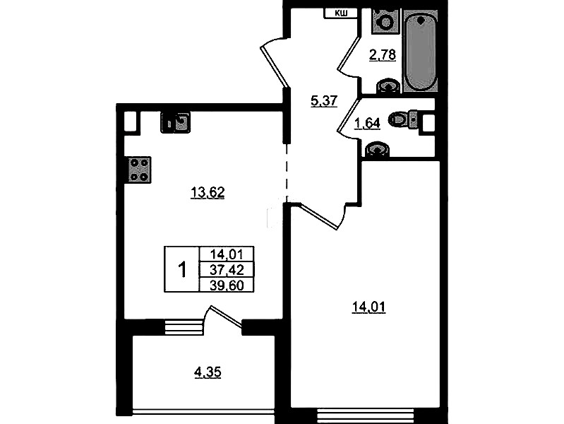 1-комнатная квартира 39.6 м², 10/12 эт., ЖК «ЛесART»