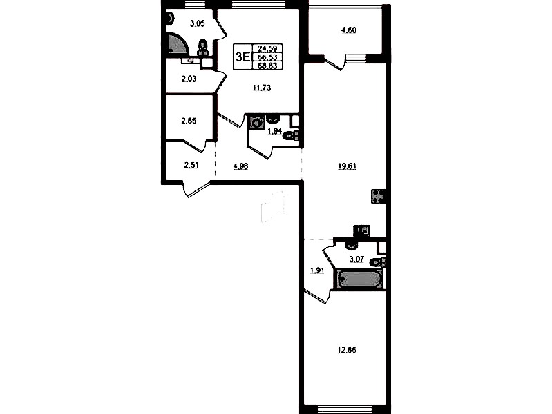 2-комнатная квартира 68.83 м², 11/12 эт., ЖК «ЛесART»