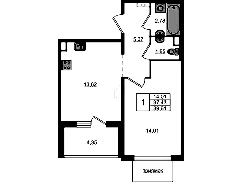 1-комнатная квартира 39.61 м², 1/12 эт., ЖК «ЛесART»