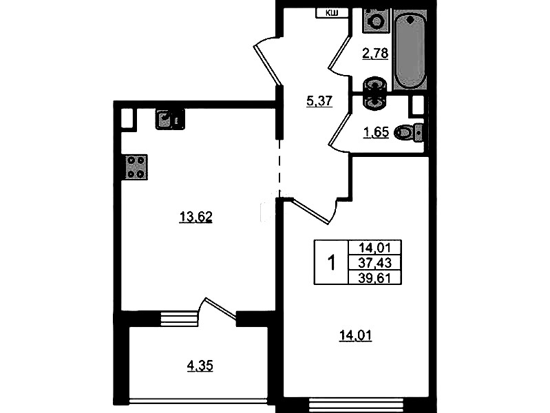 1-комнатная квартира 39.61 м², 4/12 эт., ЖК «ЛесART»