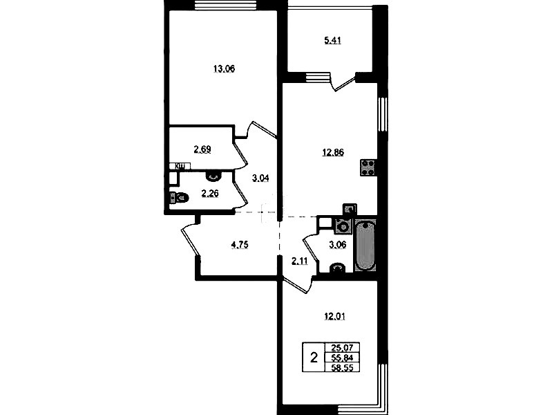 2-комнатная квартира 58.55 м², 2/12 эт., ЖК «ЛесART»