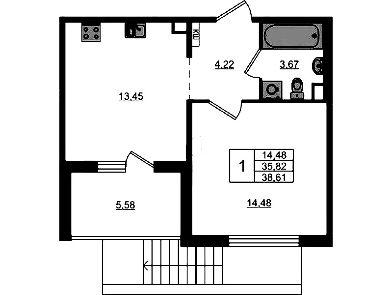 1-комнатная квартира 38.61 м², 1/12 эт., ЖК «ЛесART»