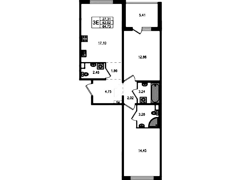 2-комнатная квартира 64.73 м², 2/12 эт., ЖК «ЛесART»