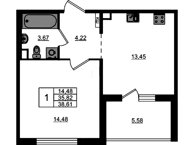 1-комнатная квартира 38.61 м², 9/12 эт., ЖК «ЛесART»