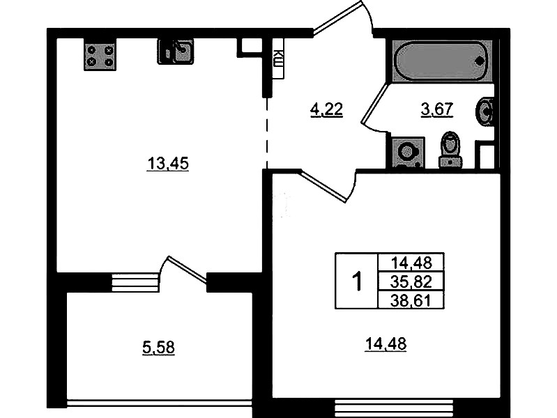 1-комнатная квартира 38.61 м², 10/12 эт., ЖК «ЛесART»