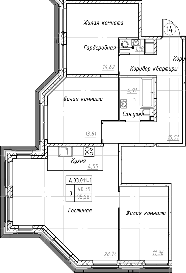 3-комнатная квартира 95.28 м², 3/9 эт., ЖК «Akzent»