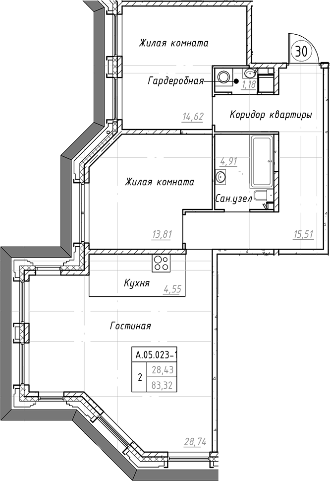 2-комнатная квартира 83.32 м², 5/9 эт., ЖК «Akzent»