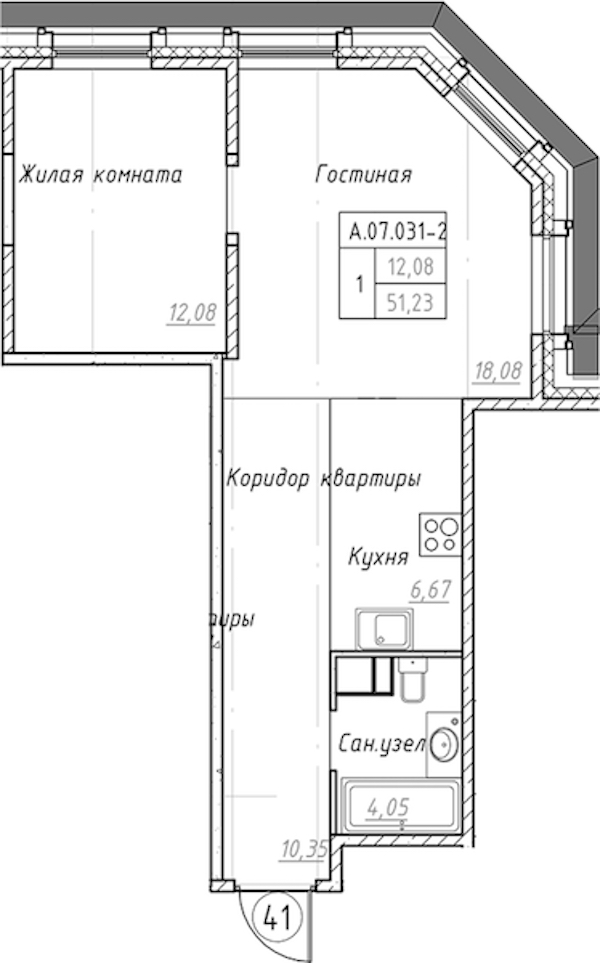 1-комнатная квартира 51.23 м², 7/9 эт., ЖК «Akzent»