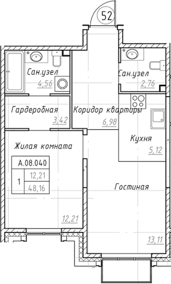 1-комнатная квартира 48.16 м², 8/9 эт., ЖК «Akzent»