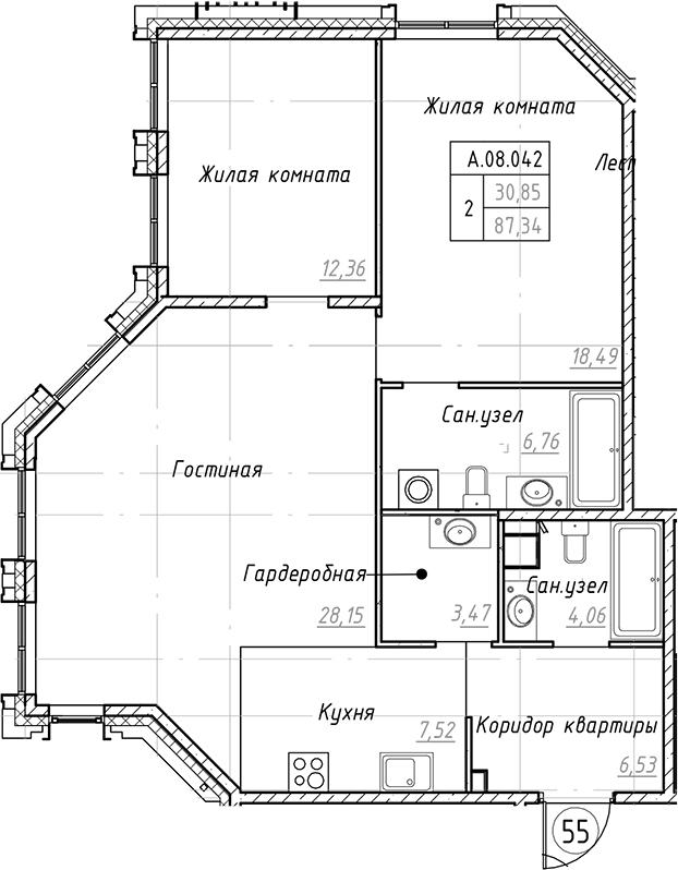 2-комнатная квартира 87.34 м², 8/9 эт., ЖК «Akzent»