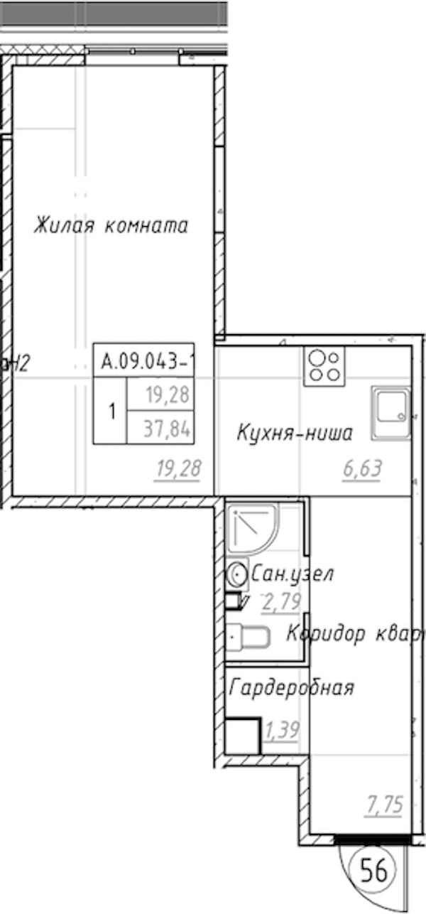 Квартира студия 37.84 м², 9/9 эт., ЖК «Akzent»