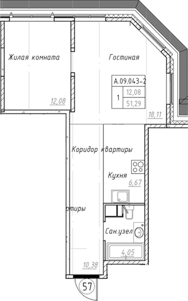 1-комнатная квартира 51.29 м², 9/9 эт., ЖК «Akzent»